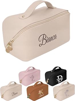 Personalized Travel Makeup Bag for Women Custom Cosmetic Bags with Name Initials PU Leather Customized Waterproof Toiletry Bag for Mothers Day, Birthday & Wedding Gifts - Engraved Text