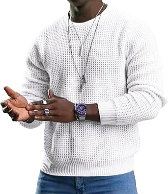 Mens Classic Shaker Knit Loose Sweaters Crewneck Knitted Textured Sweater Casual Solid Waffle Pullover