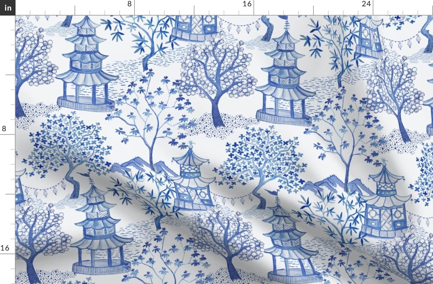 Spoonflower Fabric - Chinoiserie Blue White Toile Pagoda Landscape and Asian Art Printed on Organic Cotton Sateen Fabric by The Yard - Sewing Quilting Apparel Home Decor