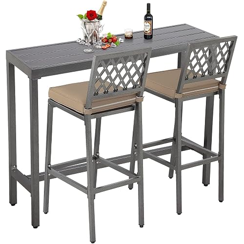 Outdoor Bar Chairs and Table, Metal Outdoor Bar Set, 3 Piece Patio Bar Table Set with Bar Stools & Cushions for Backyard, Porch, Bistro, Balcony (Gray, 47" Table, 2 X-Back stools