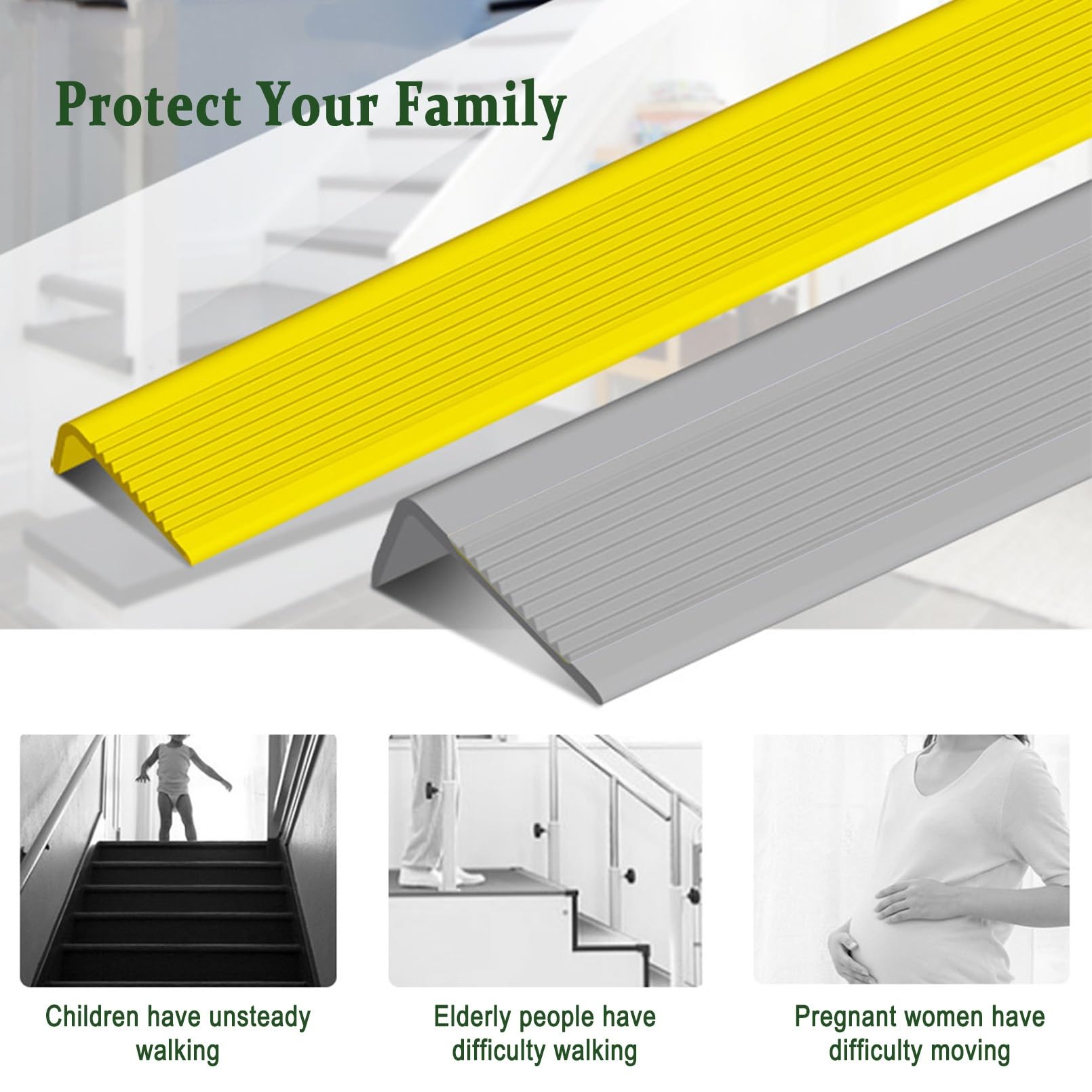 Material de PVC Autoadhesivo Perfil de Borde de Escalera, Tiras Antideslizantes Para Peldaños, Fácil de Instalar Y Resistente Al Desgaste, Perfil de Borde de Escalón Autoadhesivo de 5FT(Green,3m/118in