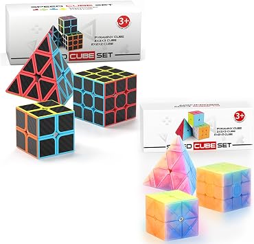 Vdealen 2x2x2 3x3x3 Pyramid Carbon Fiber Sticker Speed Cube Set & 2x2x2 3x3x3 Pyramid Jelly Speed Cube Set