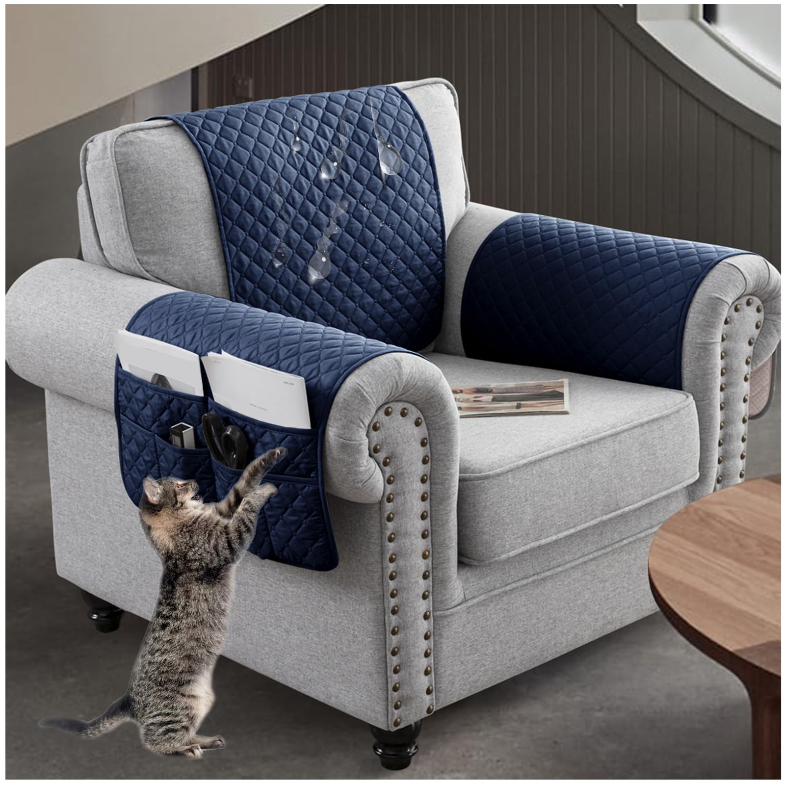 NNSMUN Sofa Armrest Cover 3/4/5Pcs, Waterproof and Nonslip Armchair Covers for Arms Headrest, Sofa Slipcover with Side Pocket, Quilted Protector for Pets Leather Couch (Navy Blue,1 Seater(3pcs))