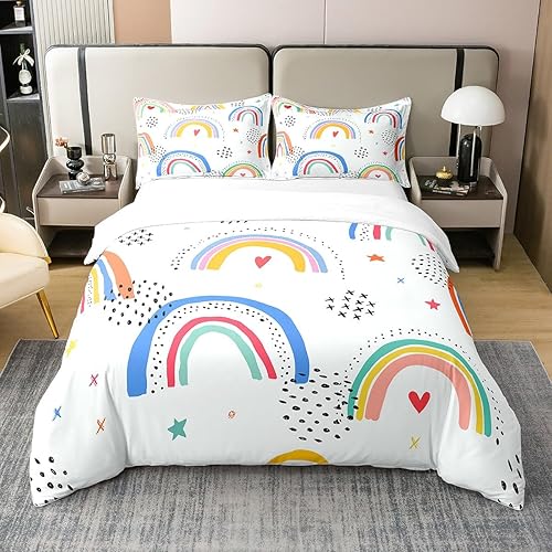 Funda de edredón de 100 % algodón natural con diseño de arco iris, diseño de rayas coloridas, tamaño individual con 1 funda de almohada, estampado