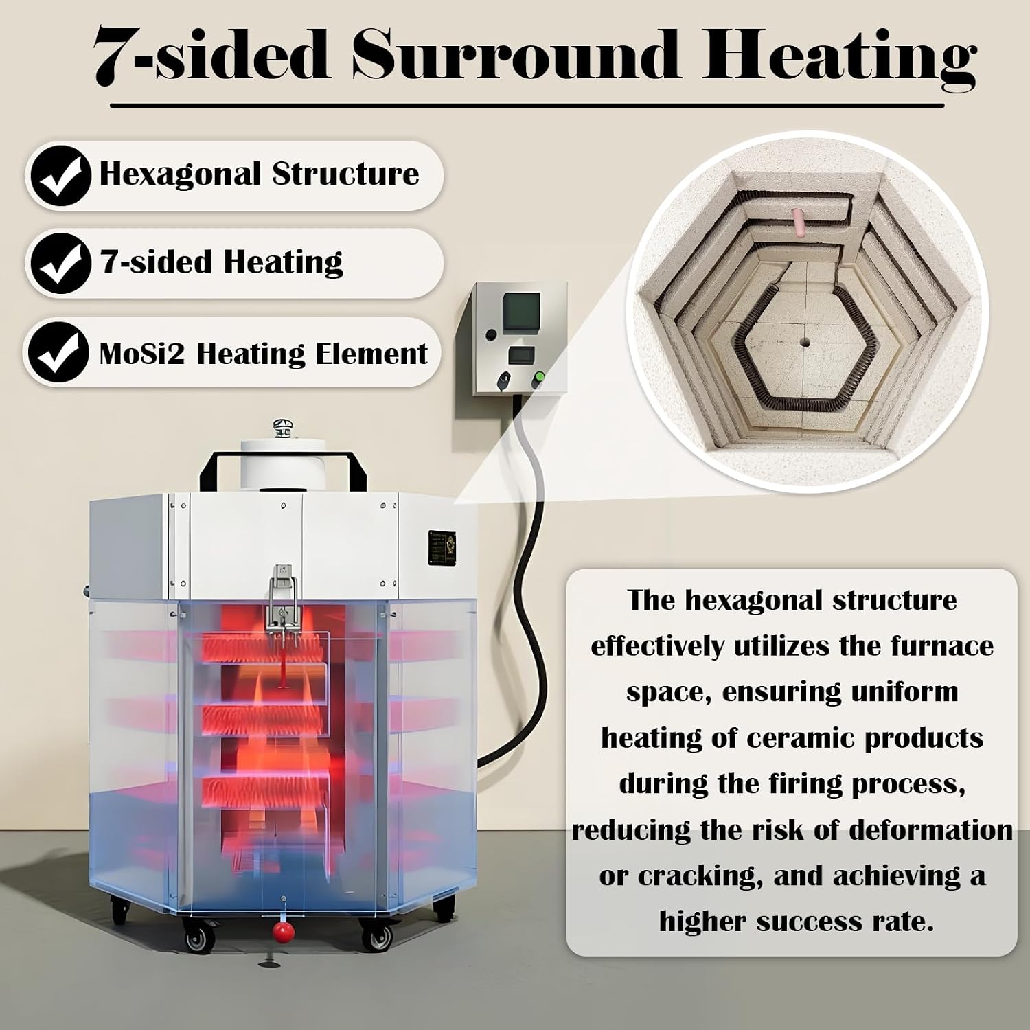 TECHTONGDA Electric Kiln Compact Hexagonal High Temp Ceramic Kiln with Split-Type Control Box & Hydraulic Lid, for Home/Pottery/Lab Ceramic Firing High-Temp 1280°C (2336°F) 220V 1PH