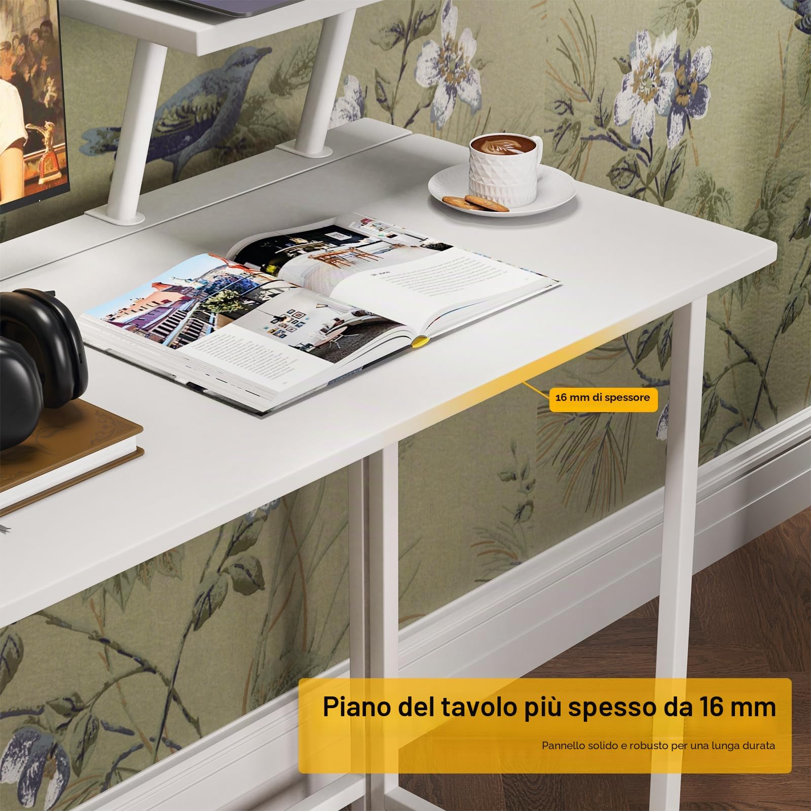 Scrivania Pieghevole con Supporto Salvaspazio, Bianca - Struttura in Metallo Moderna e Semplice per l'Ufficio di Casa 80x45x74 cm