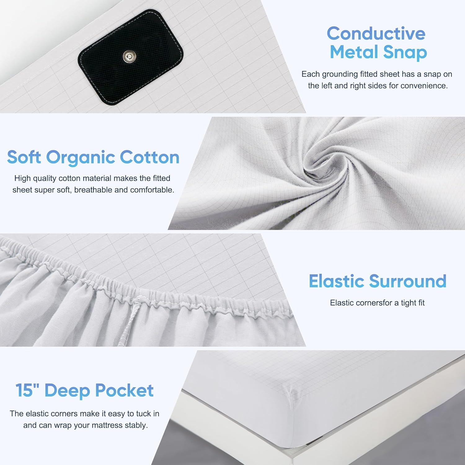 Grounding Fitted Sheet - 35% Pure Silver & 65% Organic Cotton - Connectivity Cable for Grounding Earthing, Sleep & Bed - Grounding for Bed & Earthing (Full)