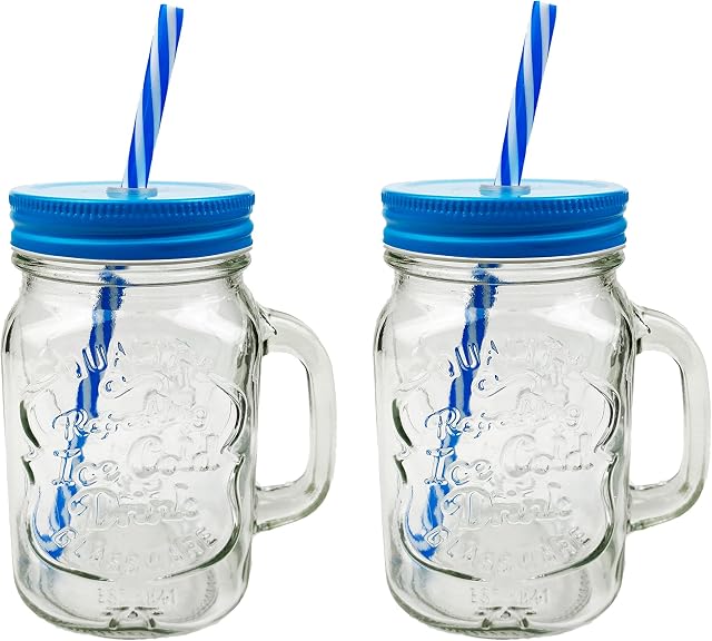 2 X 500ml Glass Mason Drinking Jars Bottles Party Drink Glasses + Lids and Straws (2 x Blue)