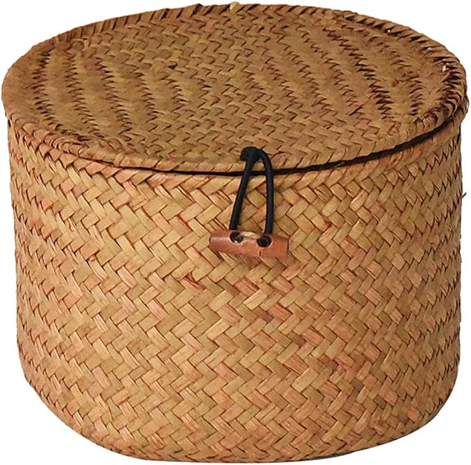 Ciieeo Small Wicker Basket with Lid, Round Woven Seagrass Baskets ...