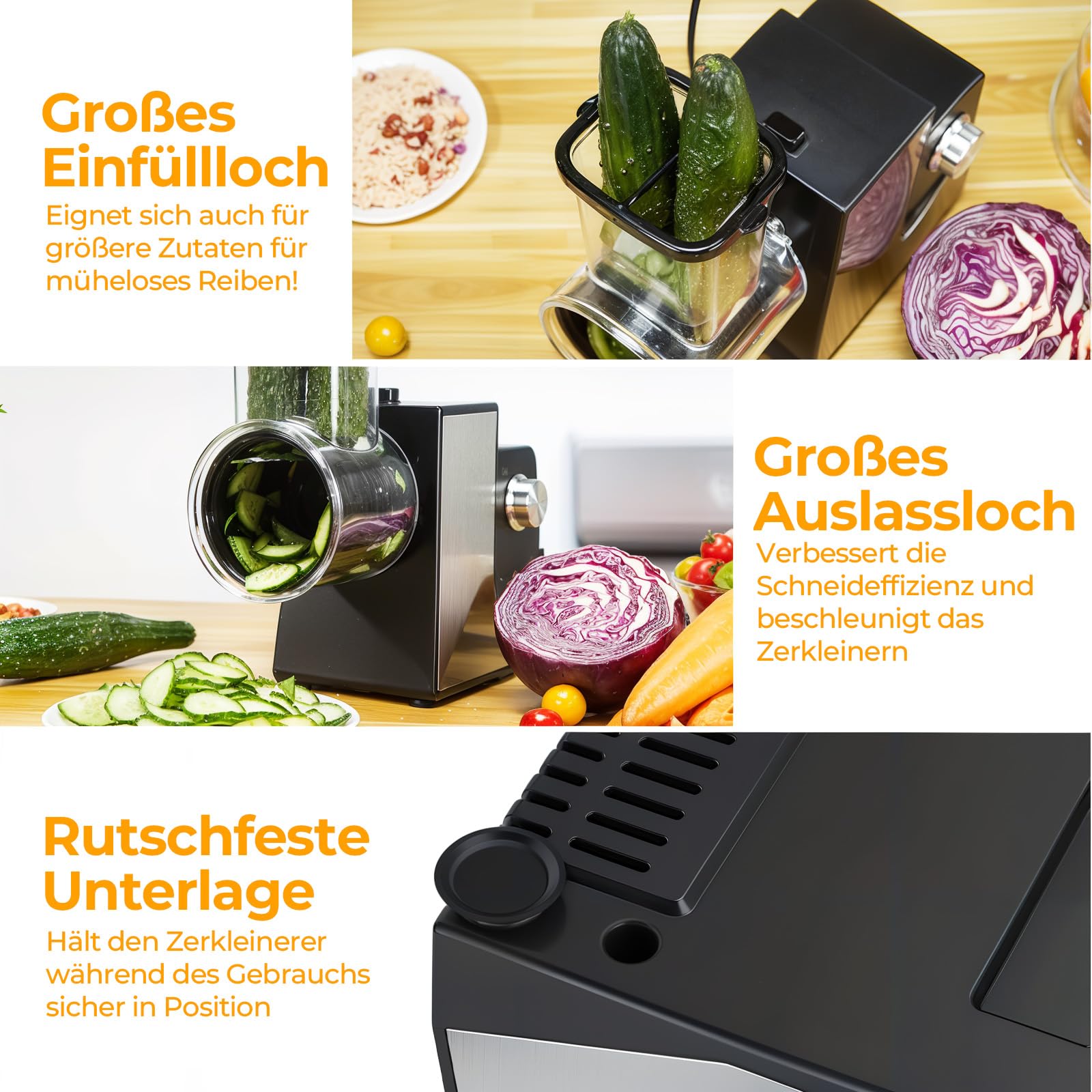 FITNATE Gemüseschneider Elektrisch, Elektrische Käsereibe, Käsereibe, Reibe für Gemüse mit 5 Einsätzen, Küchenmaschine, Silber, Reibe für Obst und Gemüse, Käse, 250 W mit Eu stecker | große Einfüllöffnung, rutschfeste Saugfüße