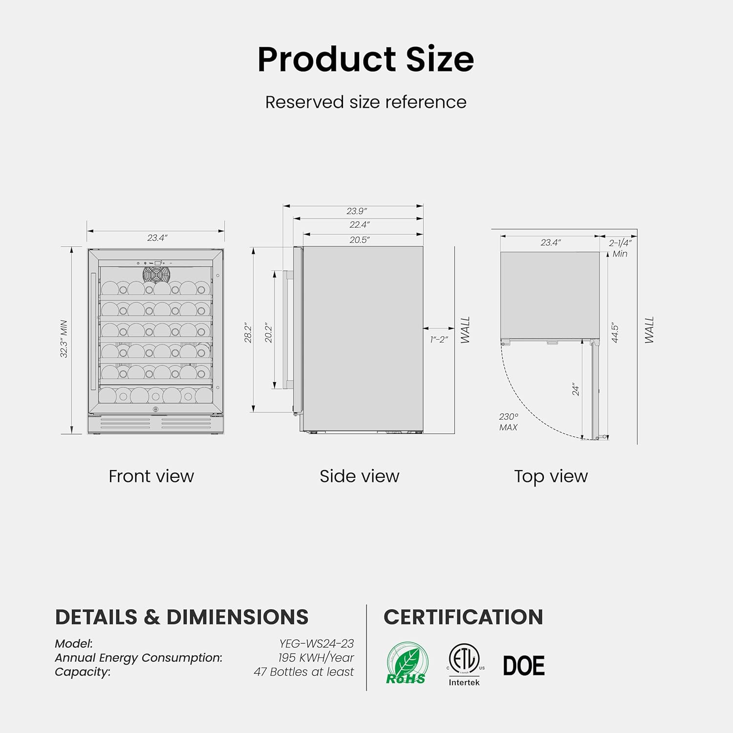 Yeego Wine Fridge 24 inch - 47 Bottles 40-65℉ Touch Control, Built-In/Under Counter/Freestanding Wine Cooler Refrigerator with Glass Door, Perfect for Bar, Home, Kitchen Cabinet, Office
