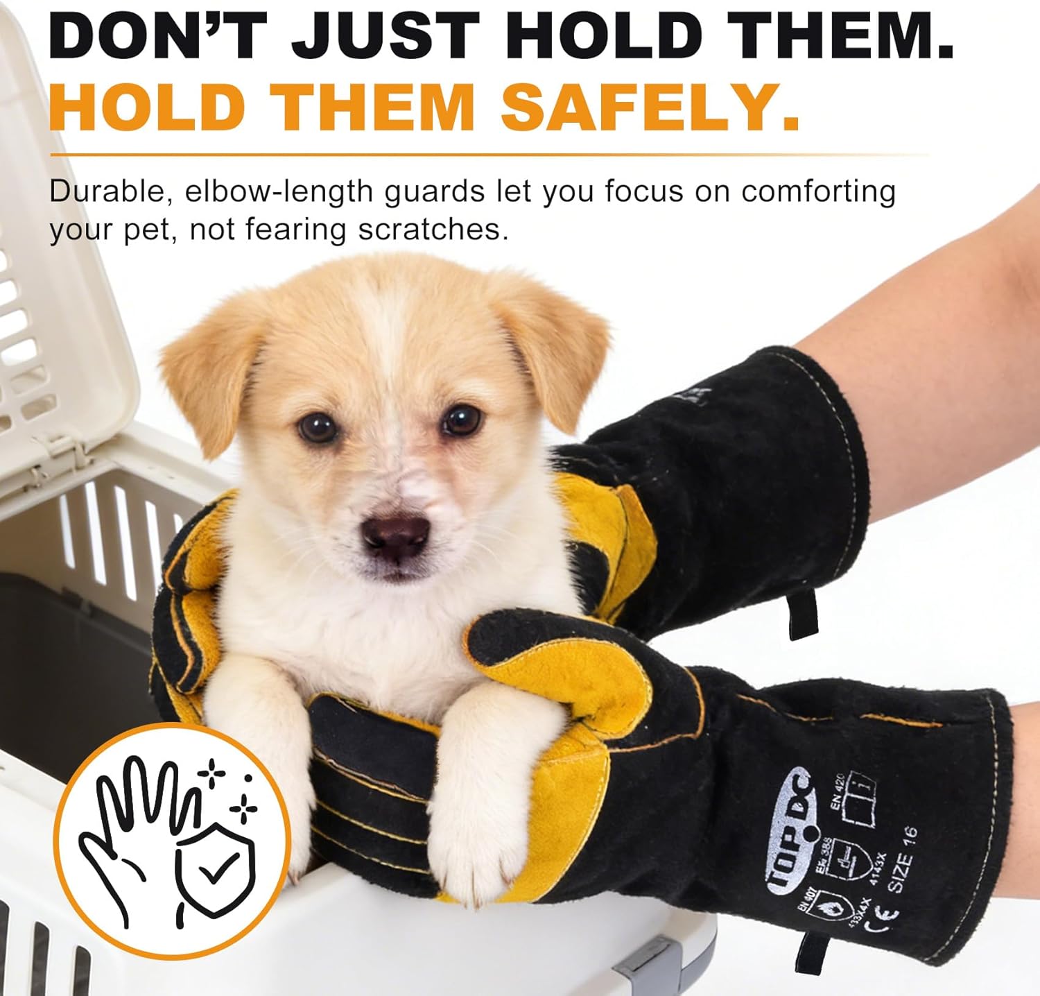 TOPDC Animal Handling Gloves, 16-Inch Bite Resistant & Scratch Proof Arm Sleeves for Dog Cat Grooming, Training, and Vet Visits (Black)