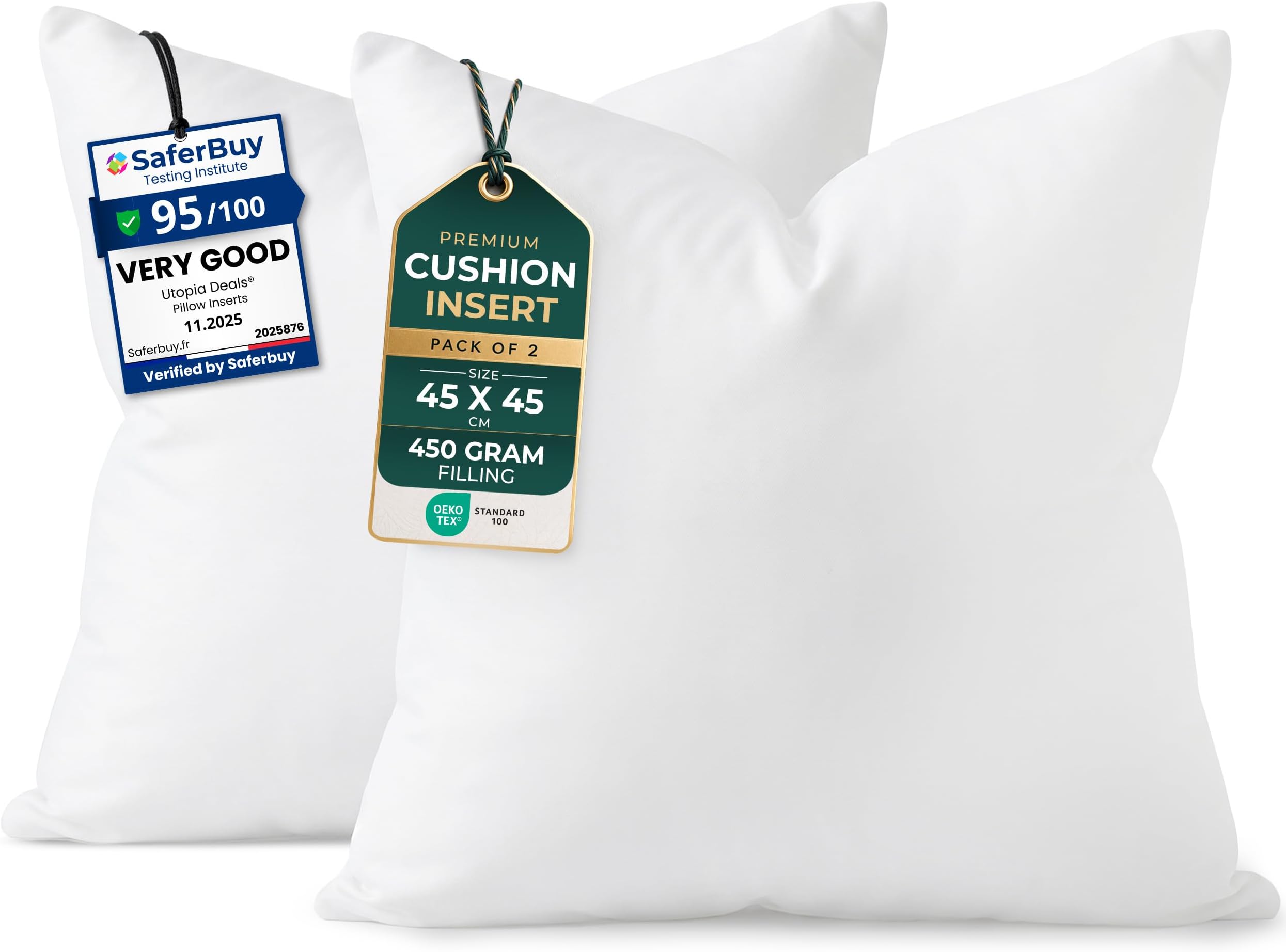Utopia Bedding Cushion Inserts 45cm x 45cm (18x18 inch) Pack of 2 Hollowfibre Inner Pads for Sofa or Bed โ White Cushion Fillers