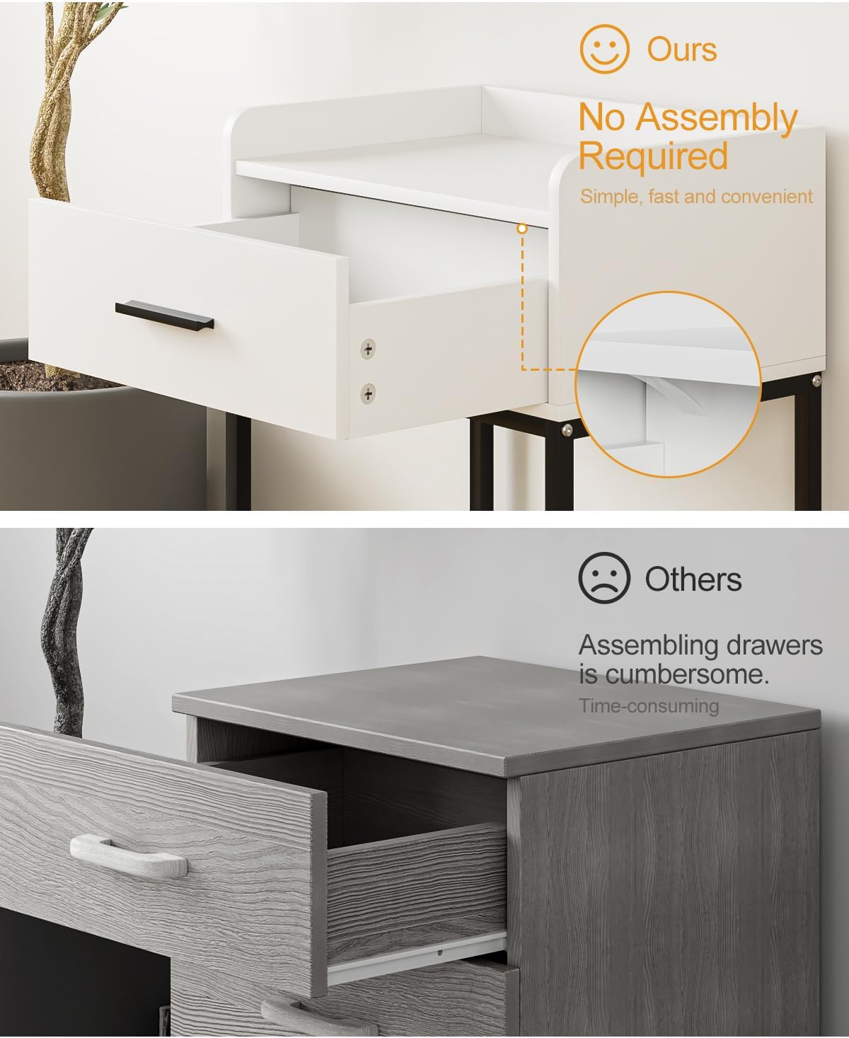 Nightstand, Modern Bedside Table with Drawer and Legs,White and Black Night Stand with Open Shelf, Narrow Side Table for Bedroom, Living Room