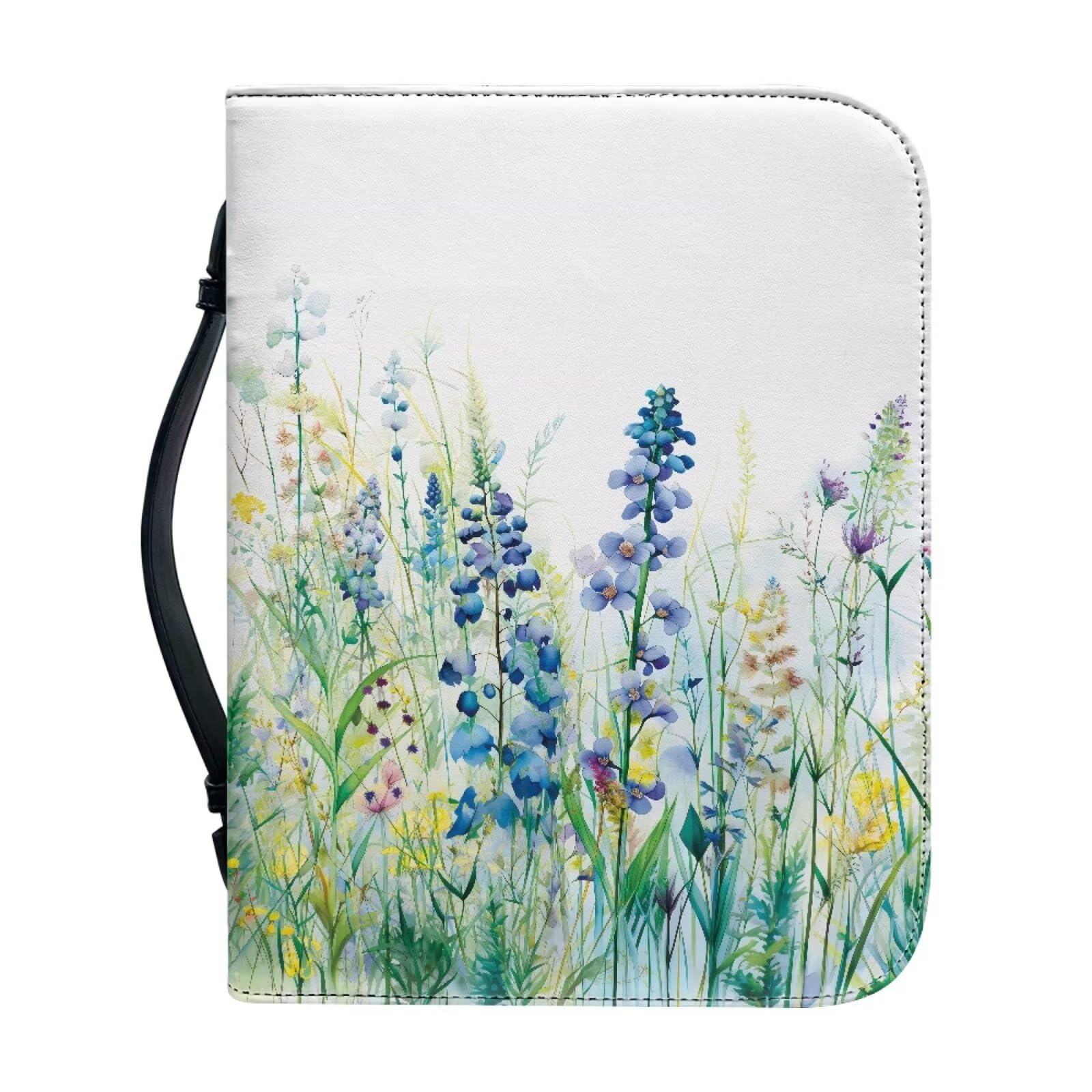Ceudet Bible Cover with Handle,Blue Flowers and Lavender PU Leather Bible Carrying Case for Church Zippered Book Bible Protector,M