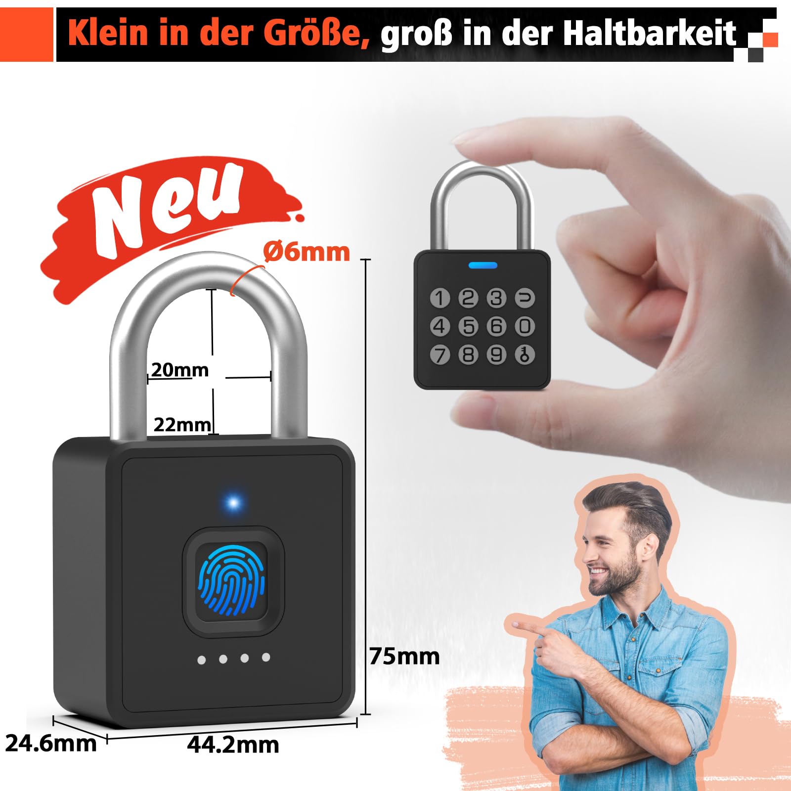 Anweller Zahlenschloss Vorhängeschloss mit Fingerabdruck, Fingerabdruck Smart Biometrie App Schloss, Vorhängeschloss Wetterfest für Gartentor, Spind, Fitnessstudio, Schulschrank, Keller