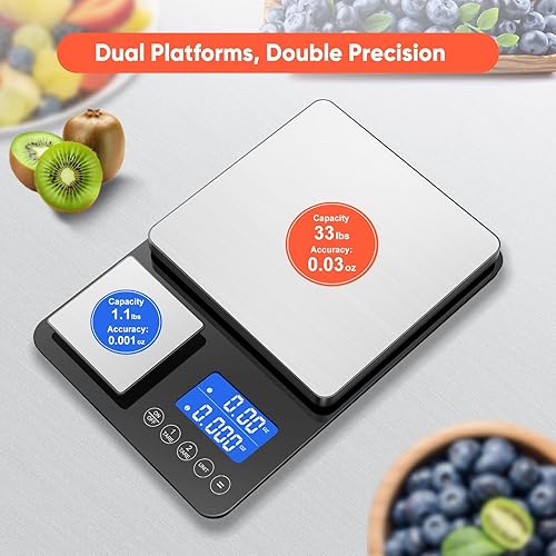 Miniatura 8 de Báscula de cocina de doble plataforma de 0.001 onzas  33 libras, báscula digital de alimentos con dos superficies de precisión, pantalla LCD, 7
