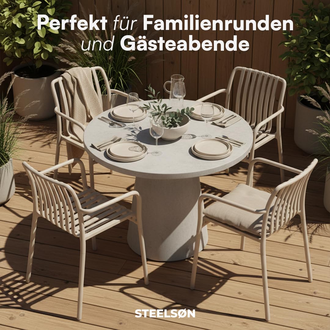 STEELSØN Pincoya Gartenstühle 4er Set – Outdoor Loungesessel Taupe – stapelbarer Balkonstuhl wetterfest & UV-beständig – Gartensessel aus Kunststoff bis 120 kg – Armlehnenstuhl Garten/Balkon/Terrasse