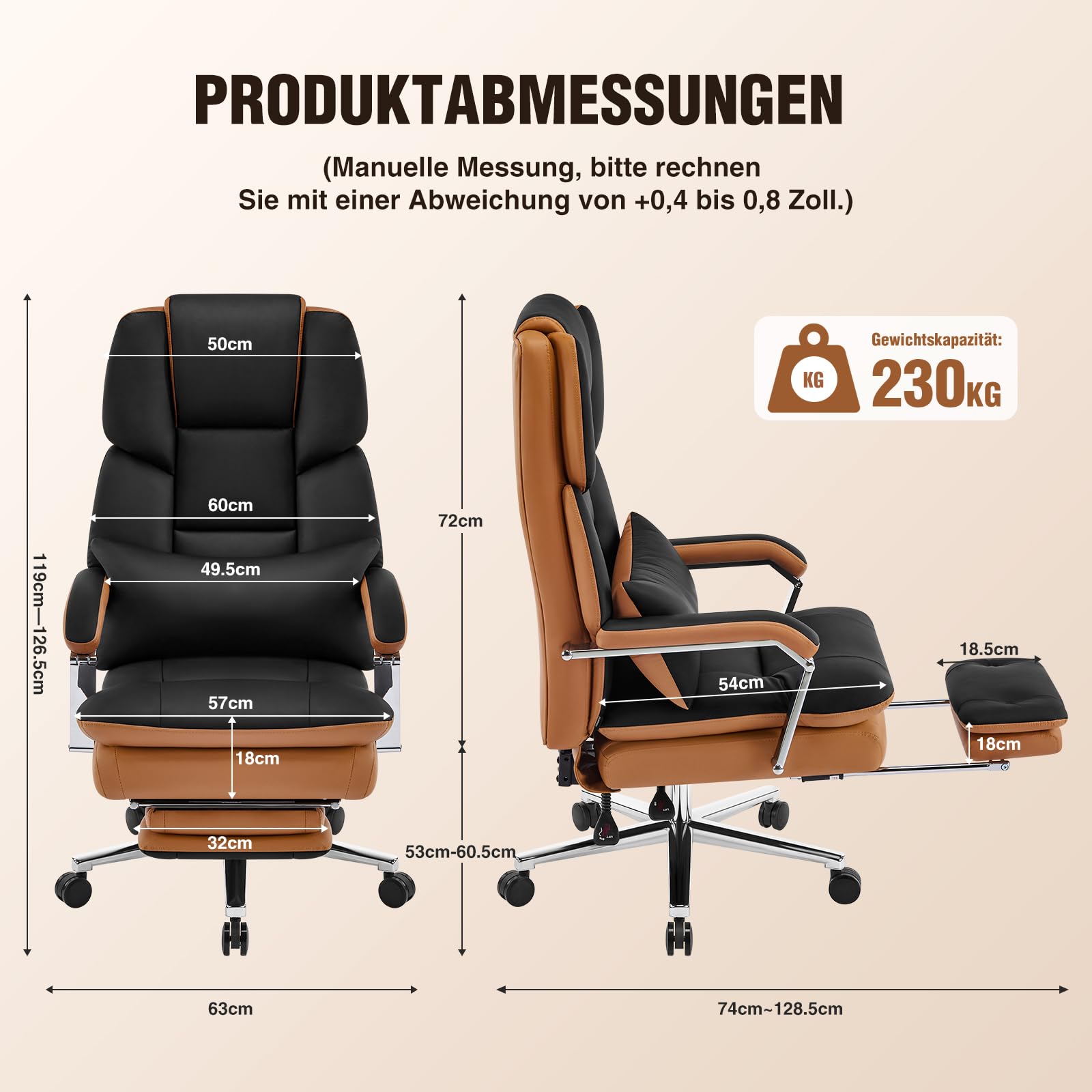 Bürostuhl Ergonomisch, PU Leder Chefsessel, Bürostuhl 200kg mit Fußstütze und Lendenwirbelstütze, Home Office Stuhl Verstellbarer Stuhl mit hoher Rückenlehne, Schwarz