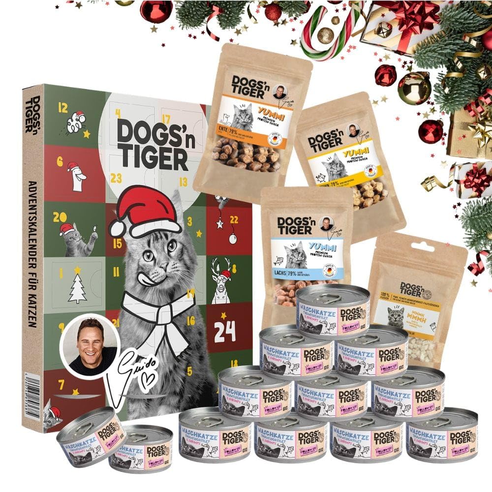 Dogs'n Tiger- Guido Maria Kretschmer – Caja de Navidad Gato "Atún y Camarones" | Edición de regalo limitada con comida húmeda premium | Alto porcentaje de carne y pescado | Sin cereales, sin azúcar