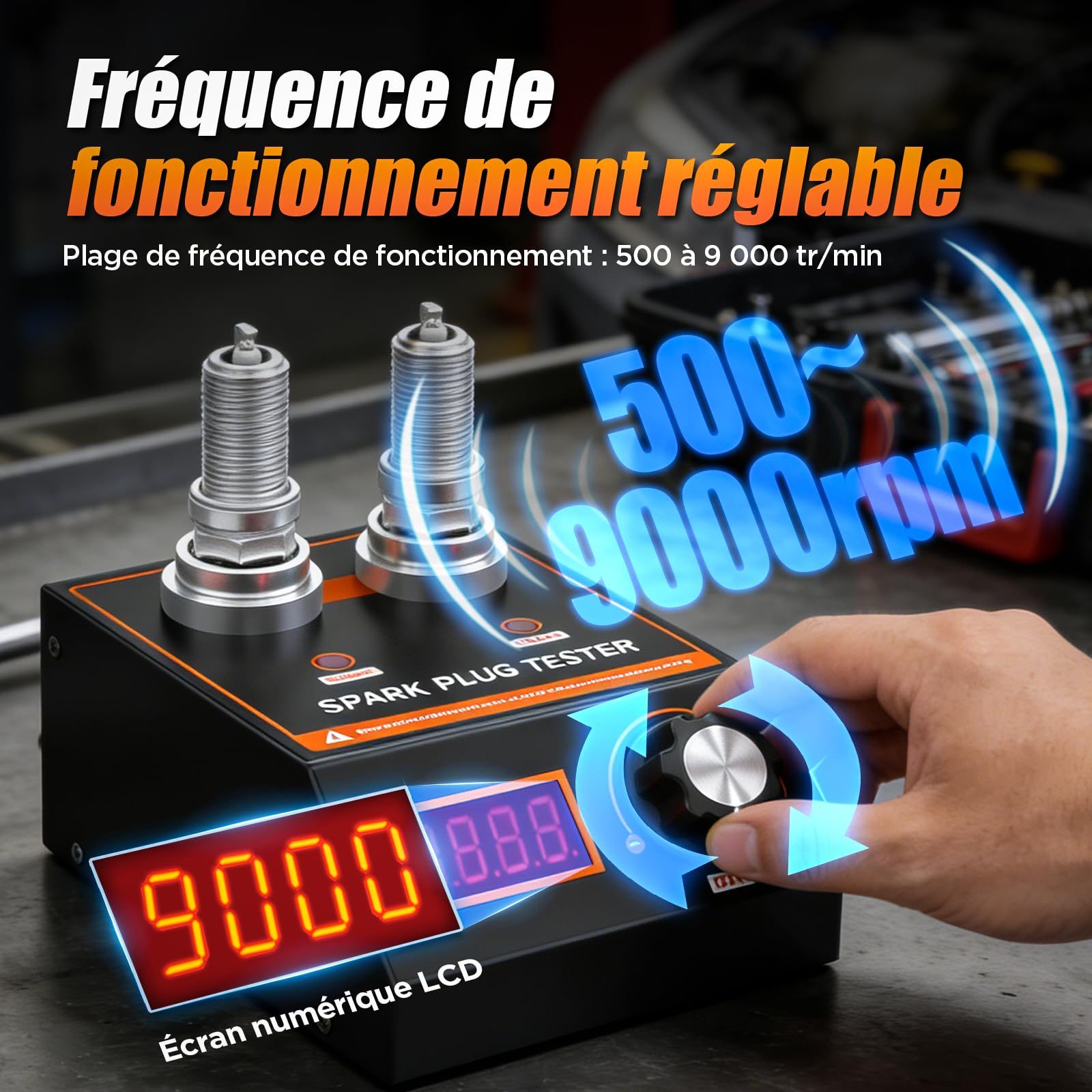 Testeur d'allumage pour Voiture, Analyseur d'allumage Moteur, avec Fréquence de Fonctionnement Réglable de 500 à 9000 tr/min, Adapté aux Bougies Automobiles et Motos 12V