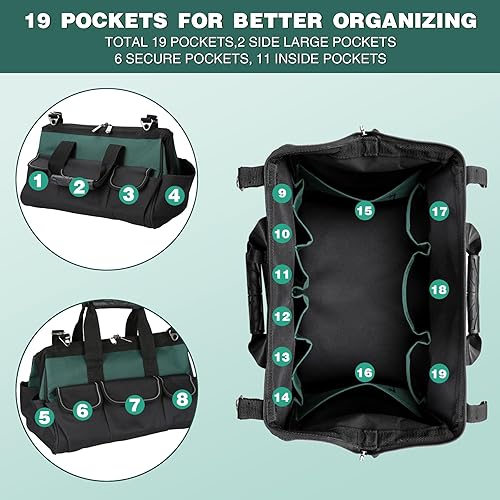Miniatura 3 de Bolsa de herramientas resistente para hombres, 19 bolsillos de boca ancha, bolsas portátiles para herramientas, organizador de almacenamiento con
