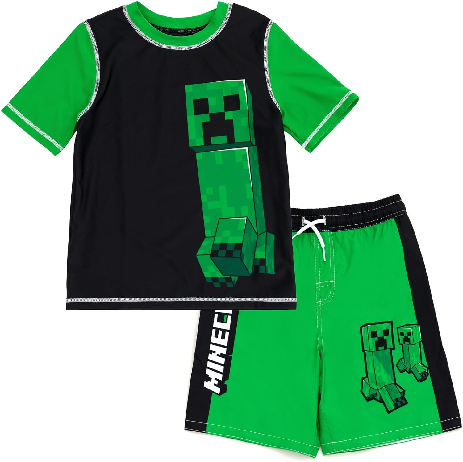 Minecraft Raglan Rash Guard and Swim Trunks UPF 50+ Outfit Set Little Kid to Big Kid Sizes (4-18-20)