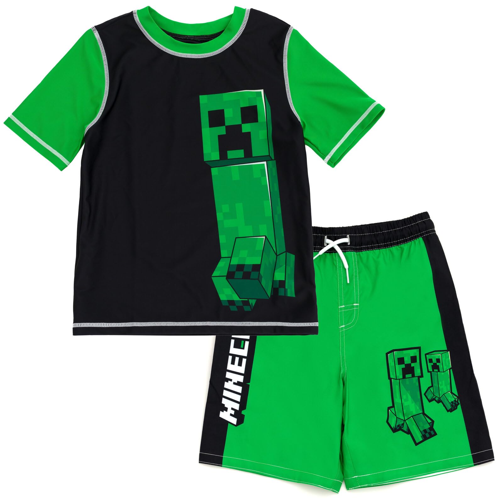 Minecraft Raglan Rash Guard and Swim Trunks UPF 50+ Outfit Set Little Kid to Big Kid Sizes (4-18-20)