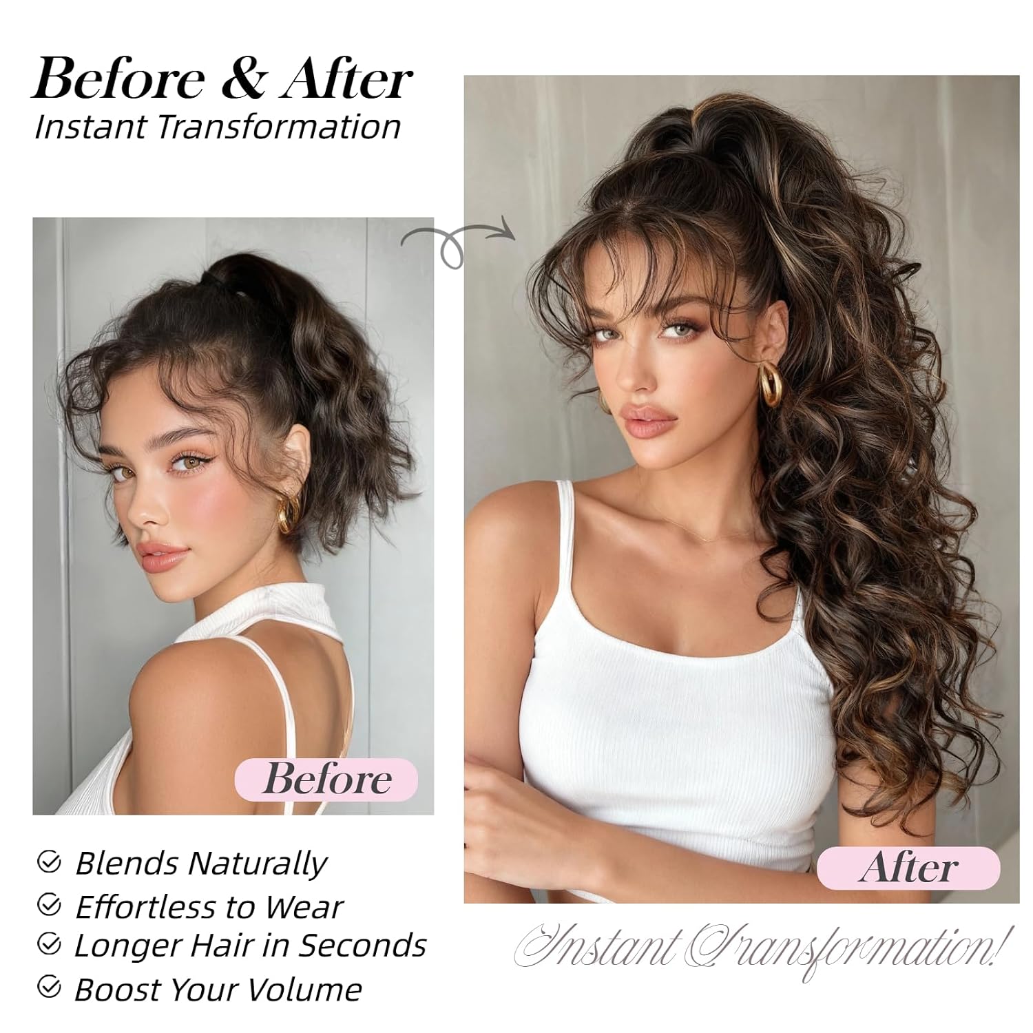 26 Inch Ponytail Extension Wavy Claw Clip on Pony Tails Hair Extensions for Women Curly Synthetic Hair piece Drawstring Ponytail Dark Brown with Caramel Highlights Long Hairpiece