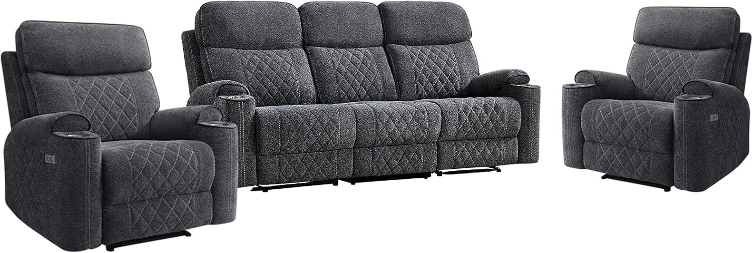 3-Piece Power Recliner Sofa Set with Charging Port, Include 2 Single Power Chairs and a 3-Seater Reclining Couch with Cup Holders for Living Room, Dark Grey