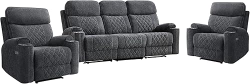 Miniatura 8 de Juego de sofá reclinable eléctrico de 3 piezas con puerto de carga, incluye 2 sillas eléctricas individuales y un sofá reclinable de 3 plazas