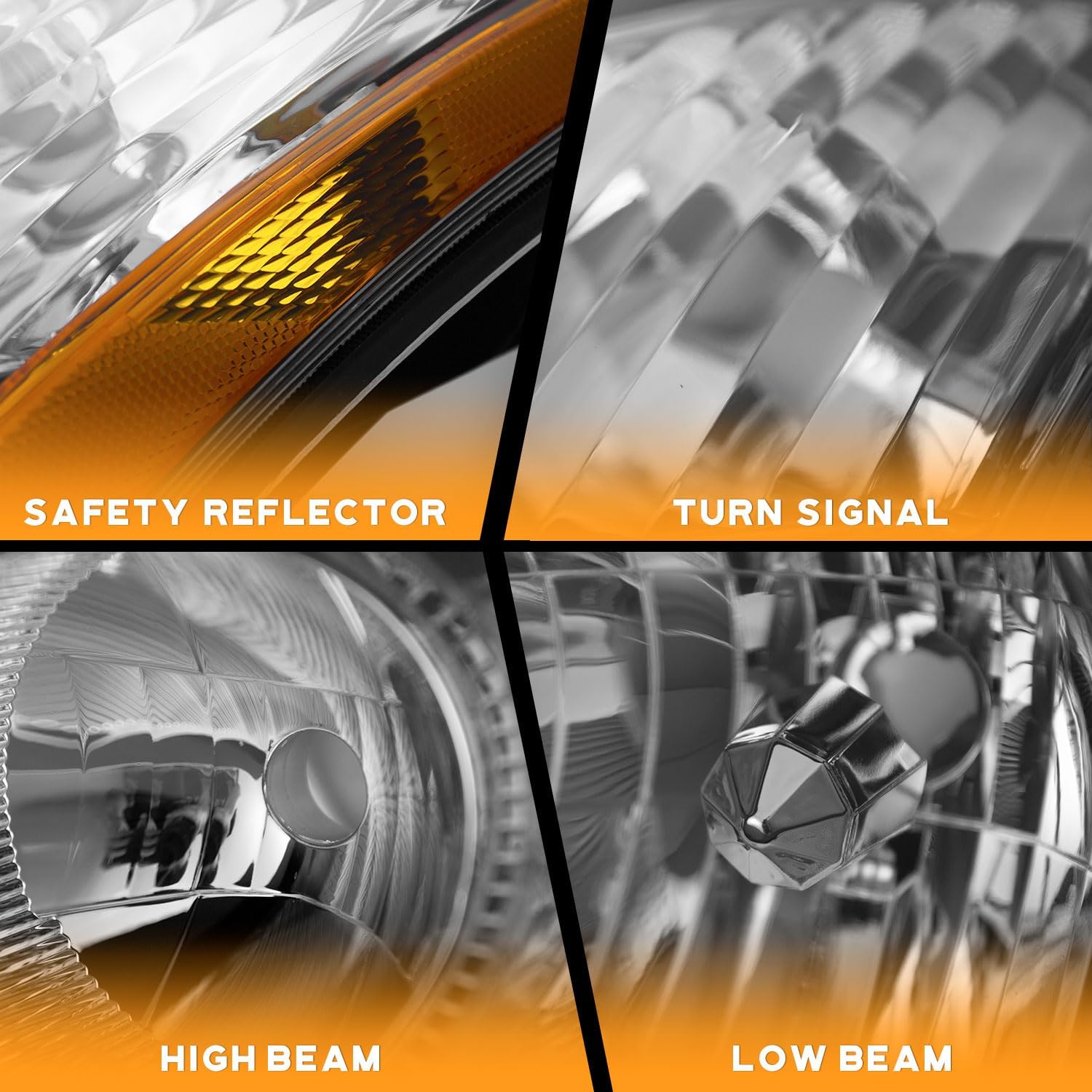 Close-up images of different parts of the headlight: safety reflector, turn signal, high beam, and low beam.