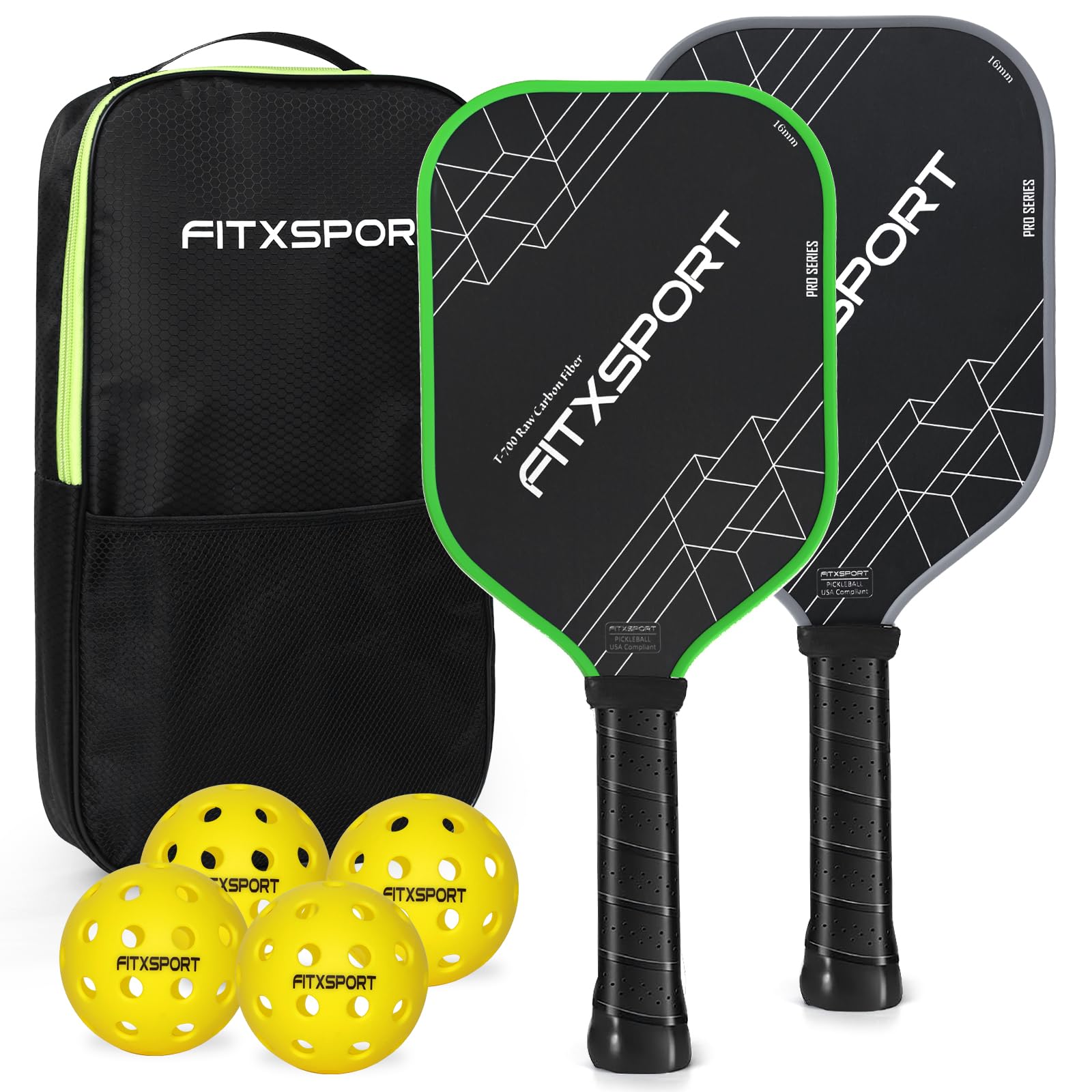 T700 Raw Carbon Fiber Pickleball Paddles Set of 2 with Bag, Set of 4 Balls | Pickleball Rackets for Kids & Adults, Lightweight Green Racket, Indoor & Outdoor Play, Pickleball Gifts for Men & Women