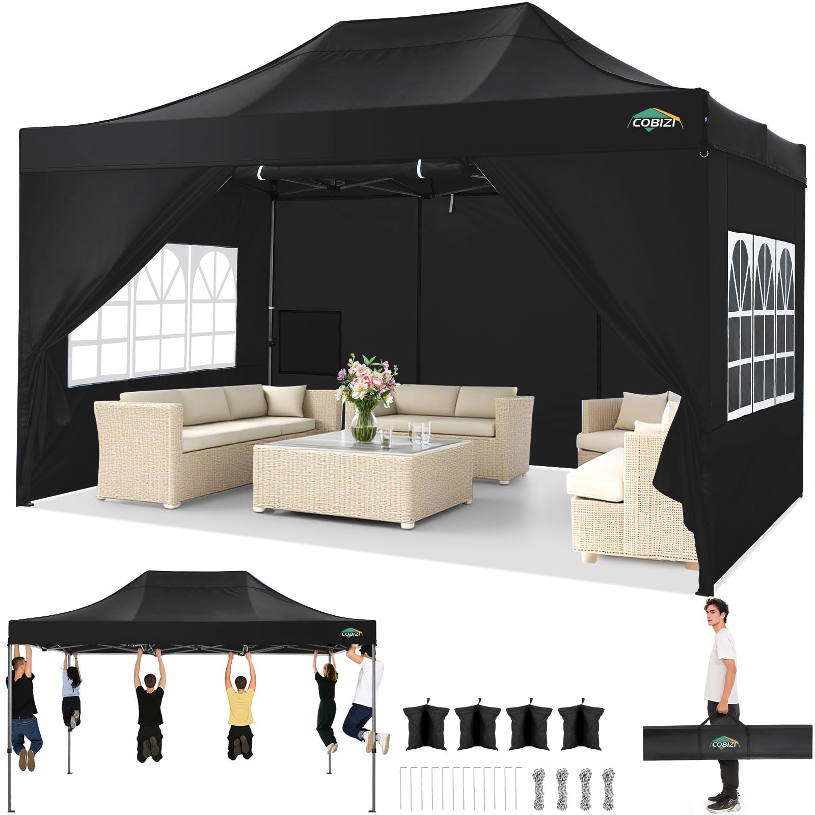 COBIZI 10x15 Heavy Duty Pop Up Canopy Tent with 4 Sidewalls