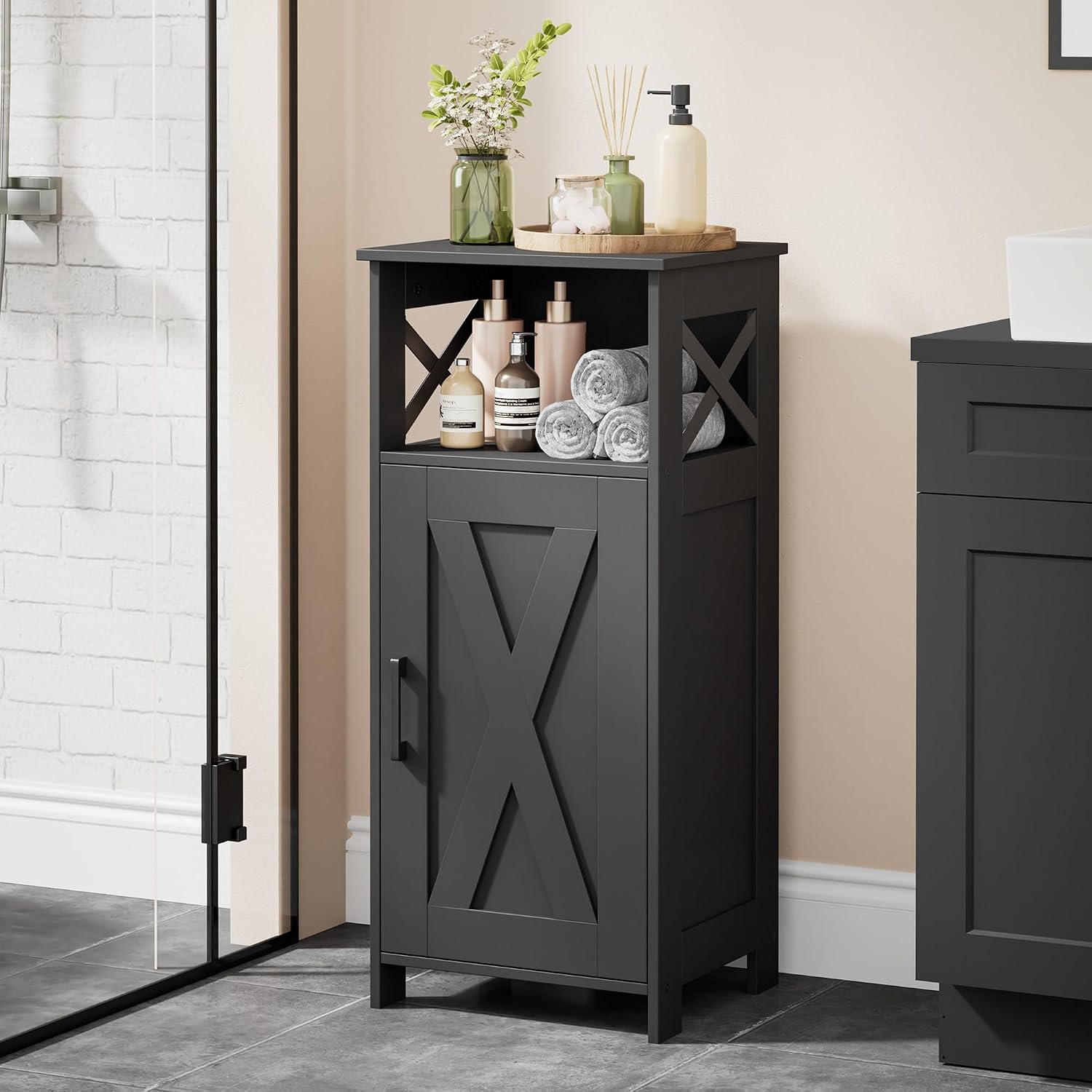 Homhedy Bathroom Storage Cabinet, Narrow Floor Cabinet with Adjustable Shelf, Toilet Paper Storage Organizer, Small Cabinet for Living Room, Bathroom, Entryway, 11.8''D x 13.8''W x 31.5''H, Black