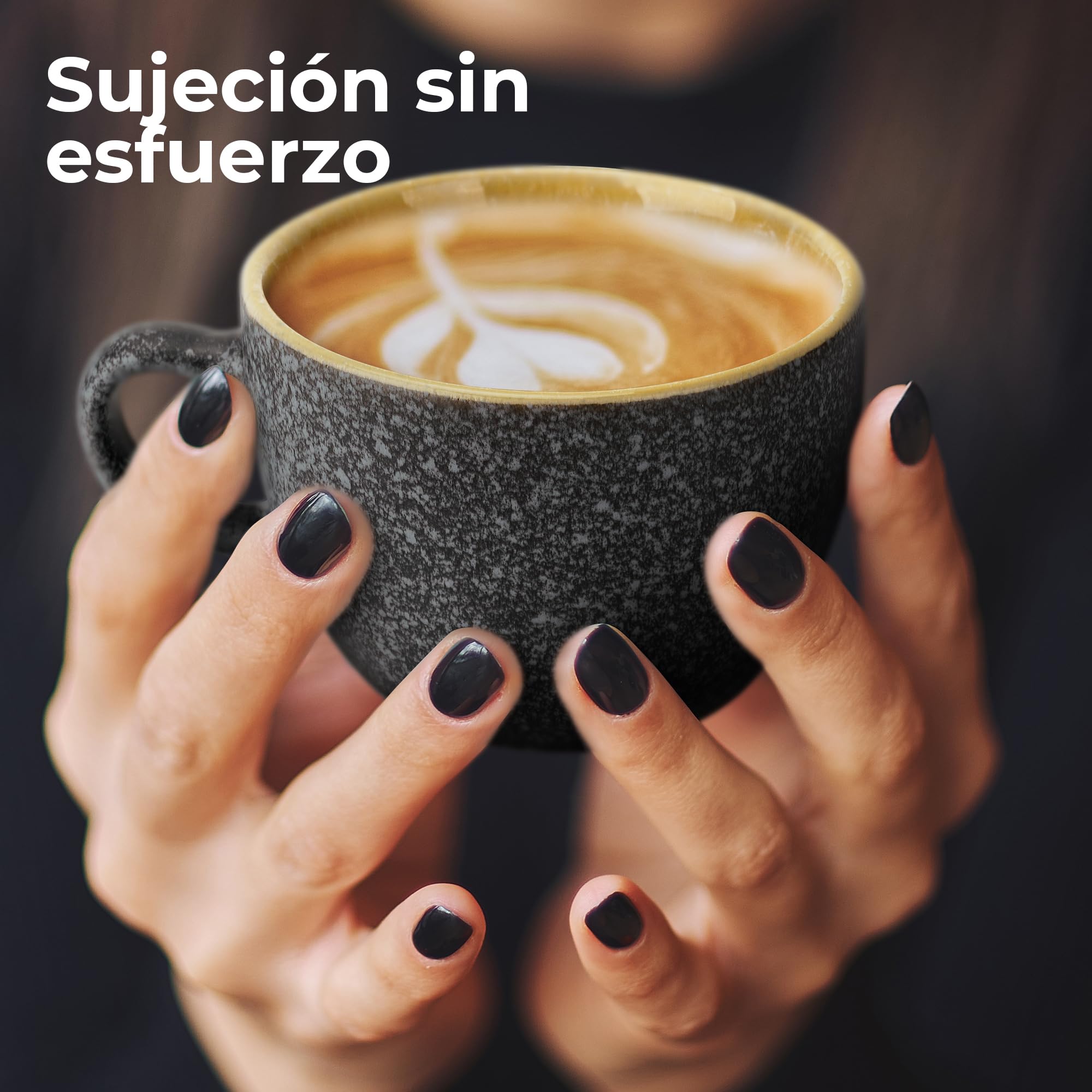 MIAMIO – Taza de Capuchino Apilable de Cerámica de 190 ml con Platillos y Soporte de Metal – Juego de 6 tazas de Capuchino de Gres para Bebidas Especiales de Café, Americano – Colección Las Palmitas