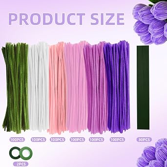 Pipe Cleaners for Craft Flowers, 600Pcs DIY Flower Making Kit Chenille Stems 6 Colours with Floral Wire, Tape & Stamens, Arts and Craft Supplies for Kids & Adults, Creative Handmade Gift (Purple)