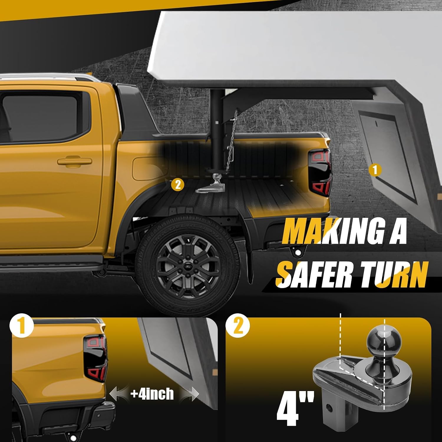 8" Offset Gooseneck Ball Extender, 2-5/16" Hitch Ball, 25,000 lbs GTW / 5,000 lbs VTW, Cab Clearance Solution for Short Bed Trucks, Reinforced Rib Structure, Polyurethane Stabilization System