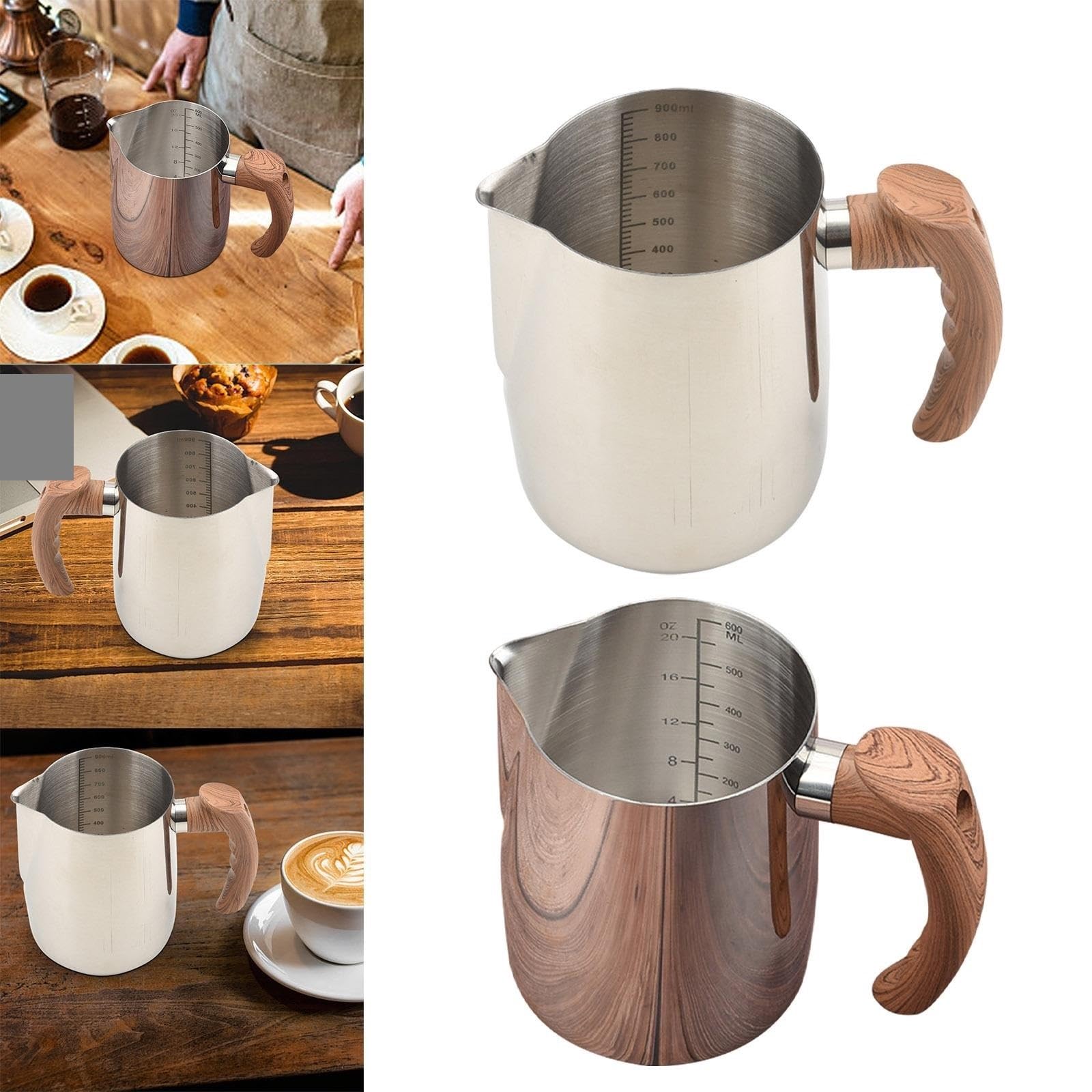 Taza for espumar leche con mango de madera, taza de vapor Barista de acero inoxidable, jarra for espumar leche, cafetera for fiesta, vacaciones, casa, 2 uds. Para café(Silver,600ml)