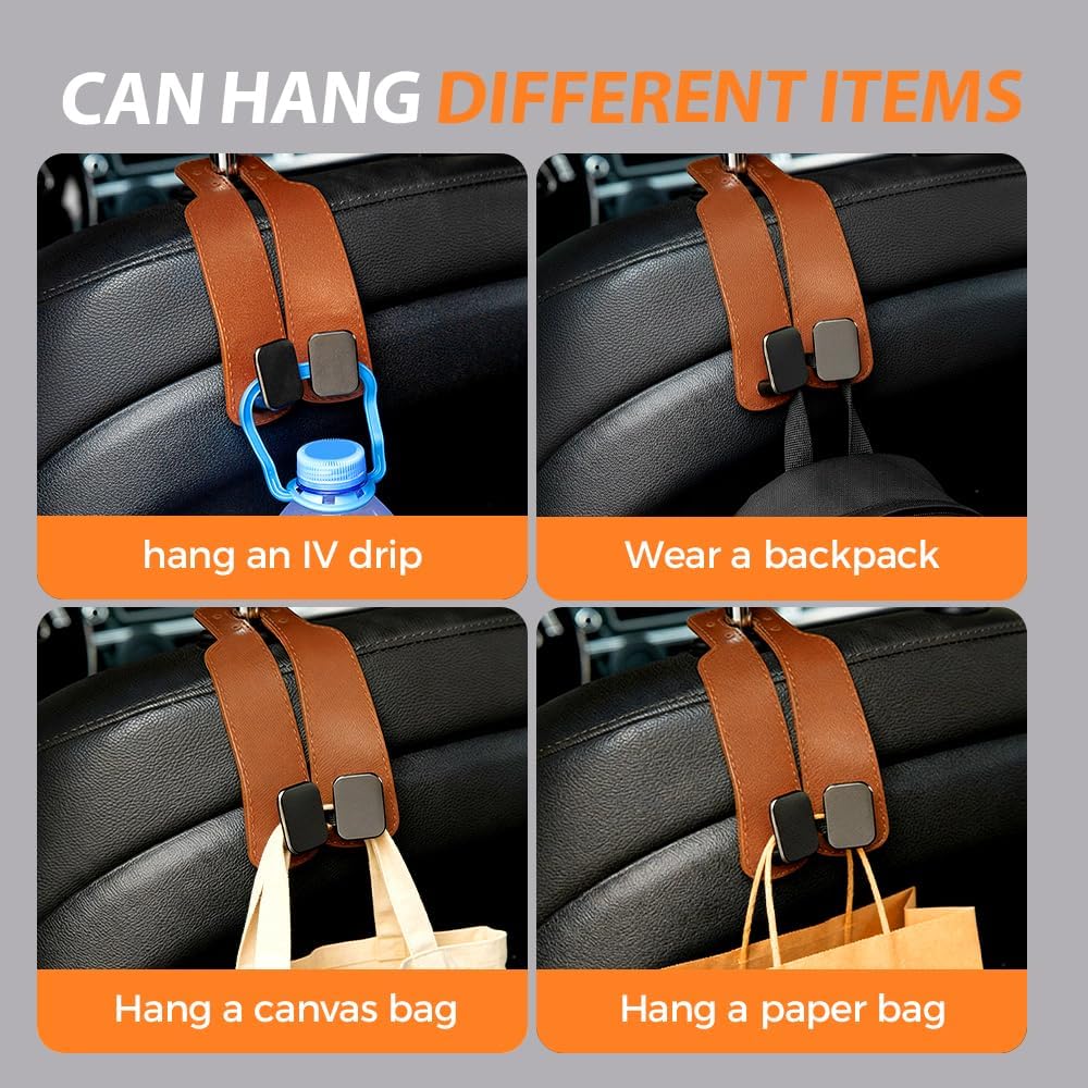 Headrest Hooks for Car,2026 New Two Hook Fur Leather Seat Back Headrest Hanger,Auto Hooks Organizer for Handbag Purse Coat Bags (6, Light Brown)