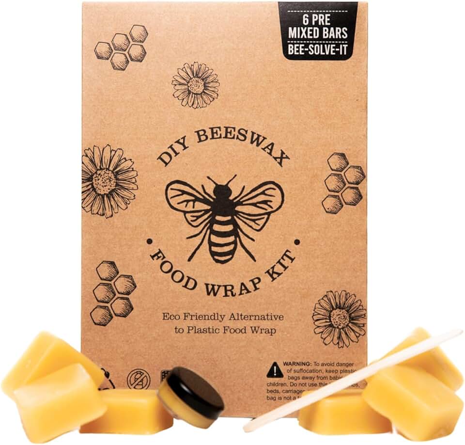 Made in USA DIY Pre Mixed Beeswax Wrap KIT- Made with Pine Resin, Beeswax &amp; Jojoba Oil - Beeswax Wraps for Food- Make Your Own 6 Bees Wrap Sheets with 5 ml Pinon Salve for Sticky Fingers Square Shape