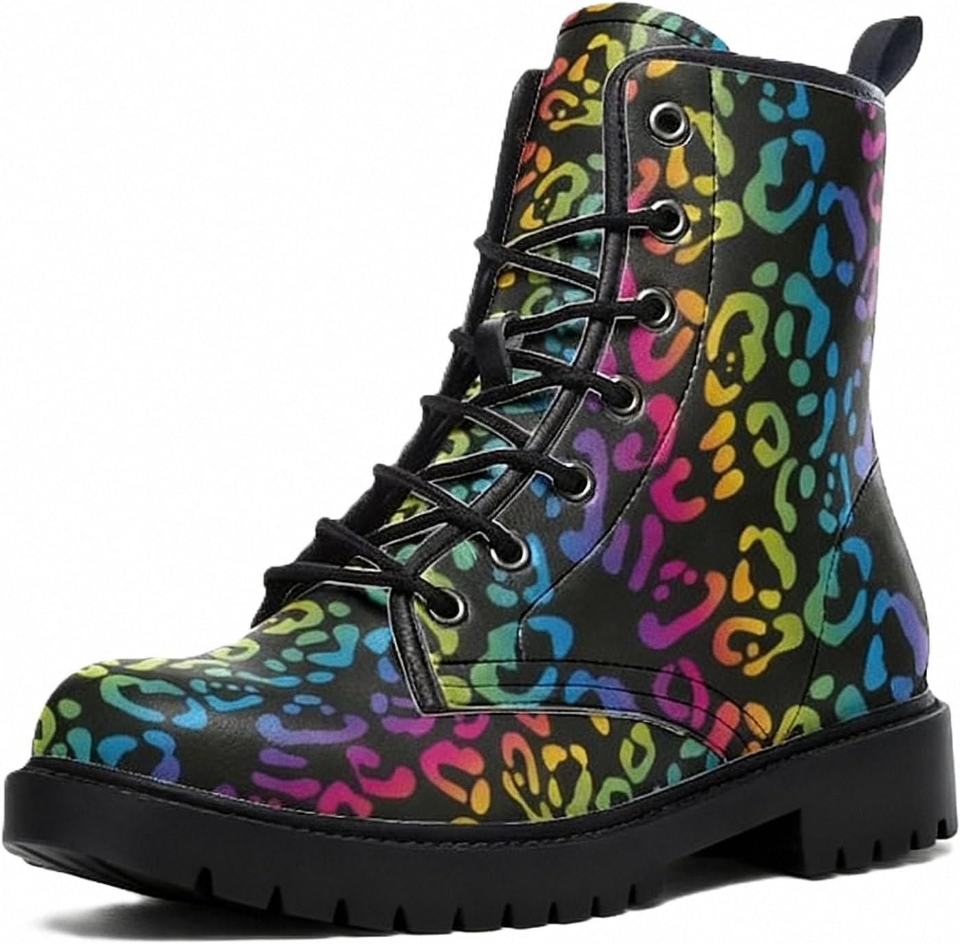 Women Leopard Ankle Boots Casual Everyday Stylish Colorful Platform Lace-up Leather Combat Booties Party Halloween Christmas