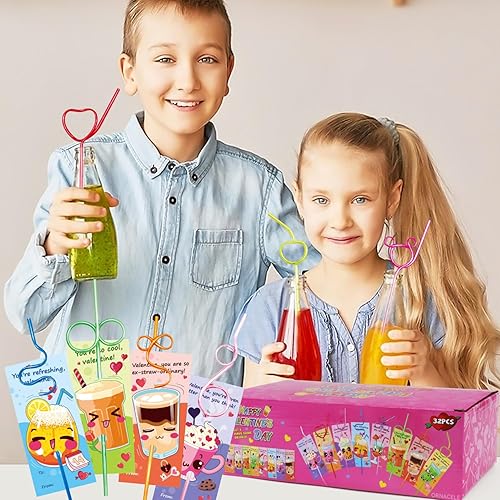 Miniatura 7 de ORNACELE 32 tarjetas de felicitación para el día de San Valentín con pajitas reutilizables  Pajitas para beber con lazo loco, juguetes de relleno,