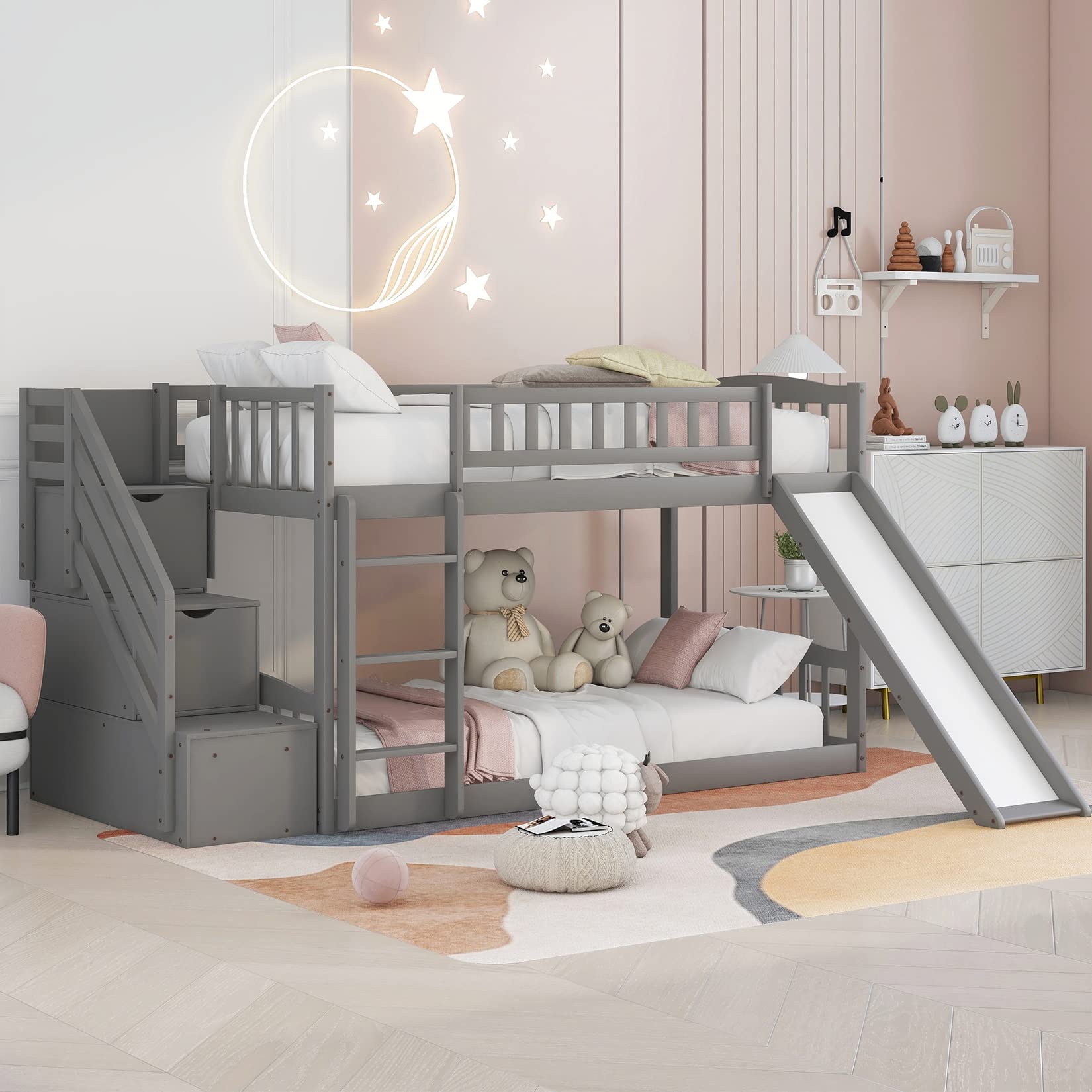 Twin Over Twin Bunk Beds with Slide, Low Bunk Bed Frame with Storage Drawers Stairway Wood Bunk Bed with Slide for Kids Boys Girls, Gray Finish