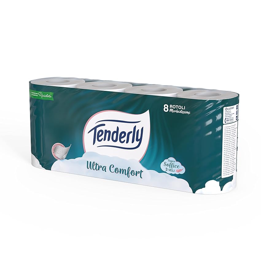 Tenderly Ultra Comfort, 8 rotoli di Carta Igienica Pura, 3 Veli, 200* Strappi per Rotolo, Delicata sulla Pelle, Dermatologicamente Testata