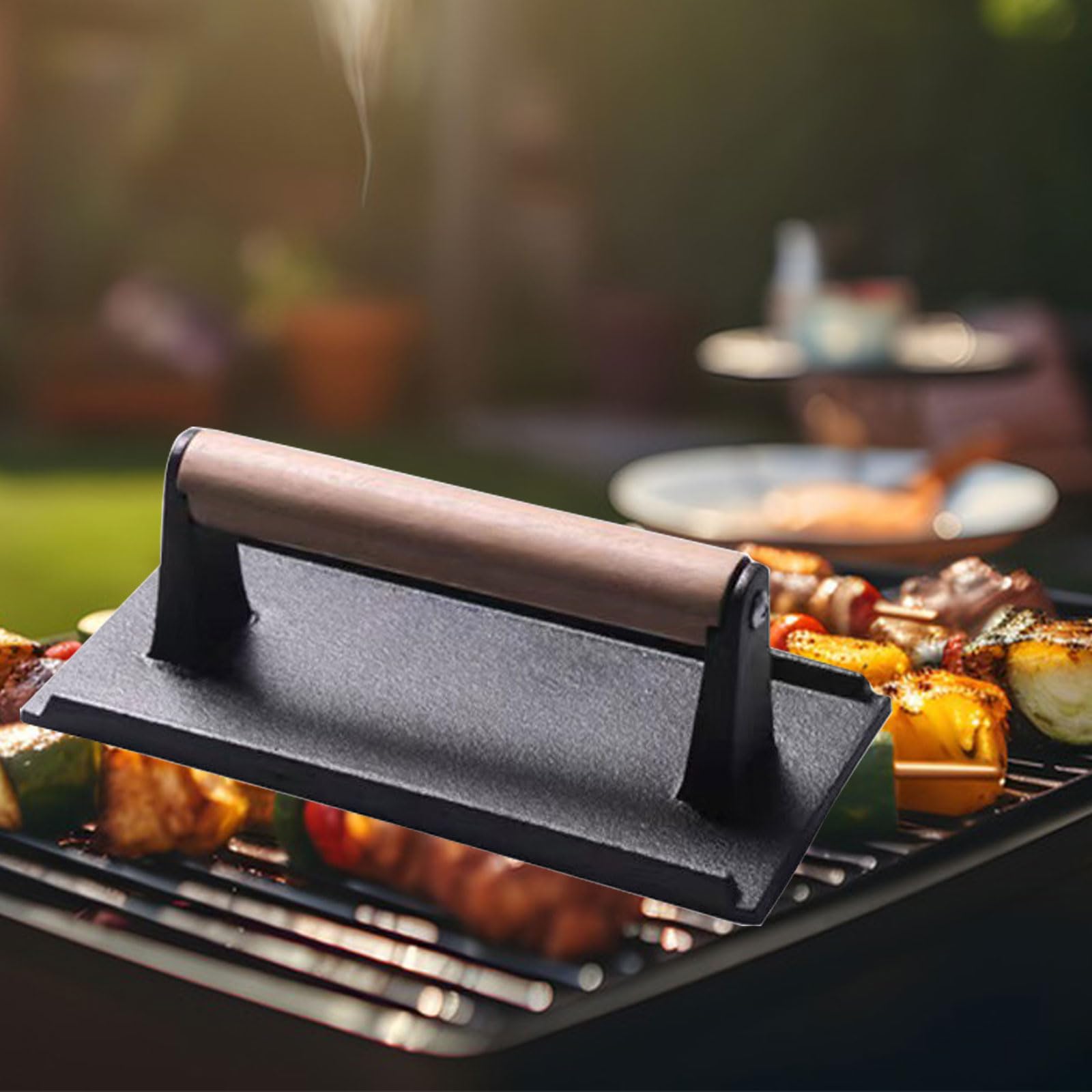 Heavy Duty Burger Press, 8.2"X4.3" Rectangle Cast Iron Smash Meat Steak with Wood Handle for Flat Top Griddle Grills, Sandwich, Nonstick Pan