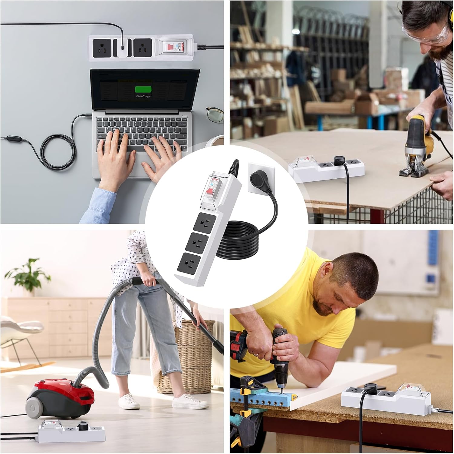 GFCI Power Strip with 10ft Heavy Duty Extension Cord, 3 Outlet (1875W/15A) with 30mA RCBO Circuit Breaker for Home, Factory Workshop, Garage, Covered Outdoor