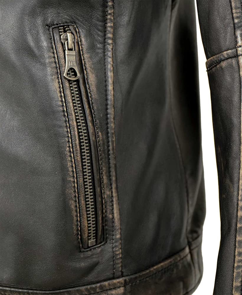 Herren Lederjacke Lammnappa Bikerjacke Kapuze schwarz-beige