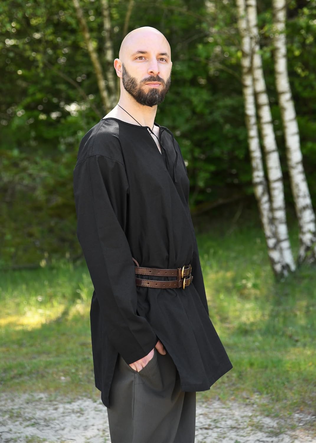 Battle-Merchant Medieval Tunic for Men – Long Sleeve Cotton Renaissance Shirt, Viking LARP Costume Top Gunther, Black, S