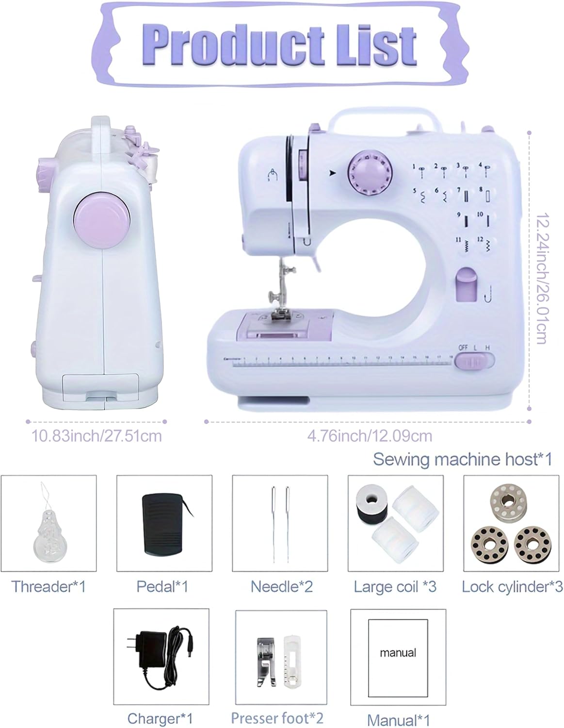 Portable Sewing Machine for Beginners, Mini Electric Sewing Machine with 12 Stitches 2 Speeds Foot Pedal, Dual Power Small Handheld Sewing Machine for Home Travel Easy to Use Purple Maquina de Coser